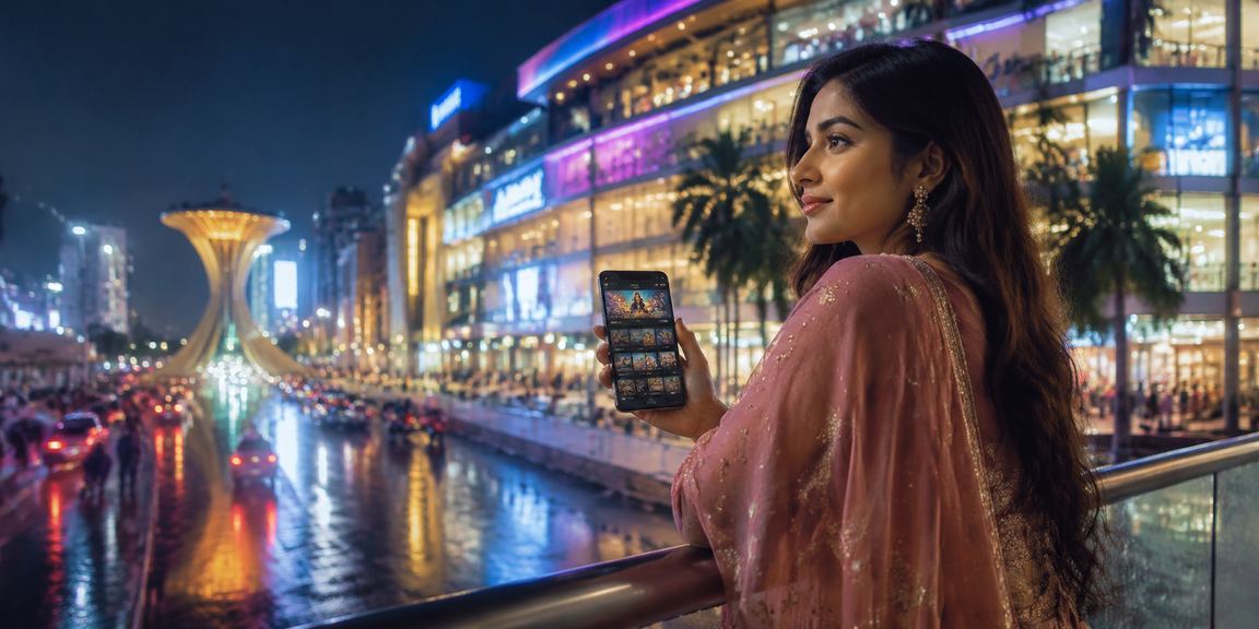 ঢাকায় নিয়ন আলোয় মোবাইলে ভাউচার কোড রিডিম করছেন একজন সদস্য