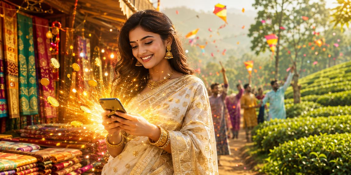 রাজশাহীতে শাড়ি পরিহিতা একজন নারী মোবাইলে স্পোর্টস বেটিং ডিপোজিট করছেন